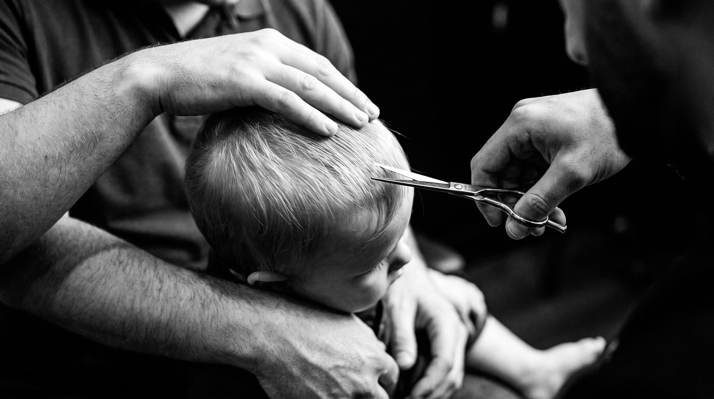 A barber’s hands cradling a baby’s head with scissors poised for a first snip, a parent’s arm just visible at the edge of frame
